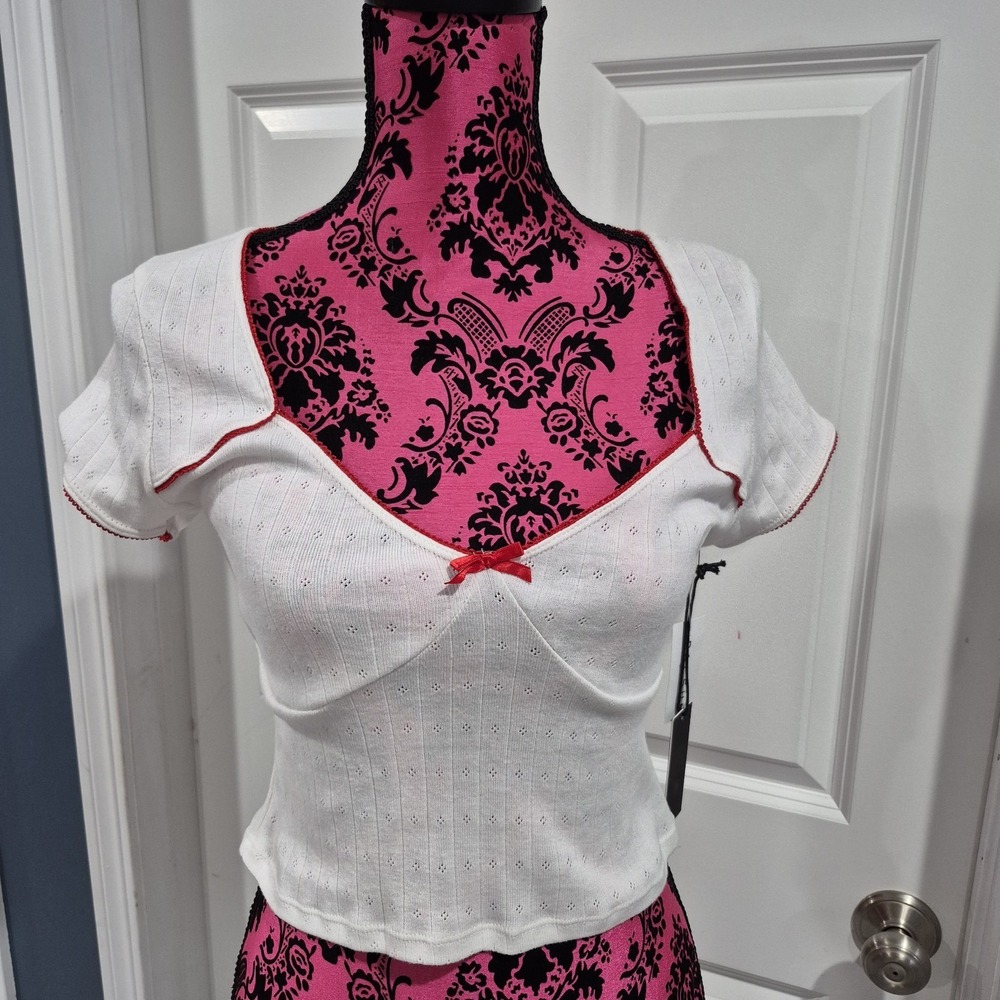 PacSun Beverly Beck Top Womens Small‎ White Red Bow Pointelle Rockabilly Retro